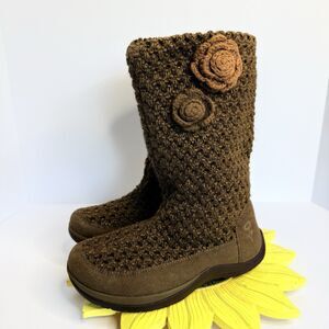 Earth Knit Suede Mid Calf Boots Brown Floral Rosette Comfort Sole Women’s